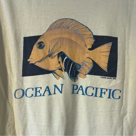Vintage Ocean Pacific OP 1986 GONE FISHIN Single Stitch Yellow T Shirt XL - Picture 5 of 7